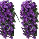 Artificial Fake Hanging Flowers Plants for Outdoor Outside Summer Decoration, 2PCS Faux Silk Morning Glory Purple UV Resistant Look Real Trailing Vines for Home Planter Porch Patio