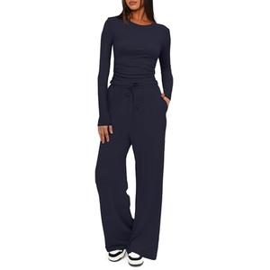 Darong Two Piece Sets for Women Fall Outfits Lounge Sets Crew Neck Tops Wide Leg Pants Vacation Travel Outfits 9065B Dark Blue M