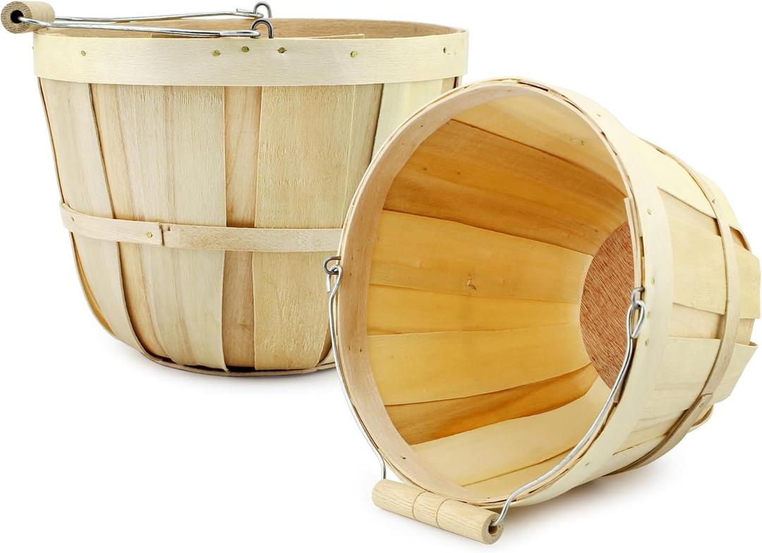 Round Wooden Baskets (2-Pack, Natural); Wood Fruit Buckets w/Handle, 4-Quart Capacity; 6.1 Inch Tall by 8 Inch Diameter