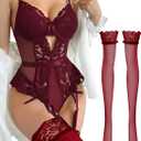 Lilosy Sexy Stocking Lace Mesh Bodysuit Top Underwire Garter Lingerie Set 3 Piece (Small, Wine Red)