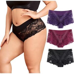 Timothee Women's Underwear Regular & Plus Size Panties Lace Boyshorts Hipster Panty Soft Cheeky Panties - Pack 2, M