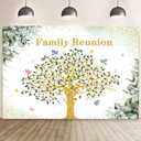 MEHOFOND 8x6ft Family Reunion Backdrop Family Tree Photography Background Pink Floral Green Eucalyptus Leaves Home Party Decoration Spring Birds Butterfly Gold Glitter Banner Cake Smash Photo Props