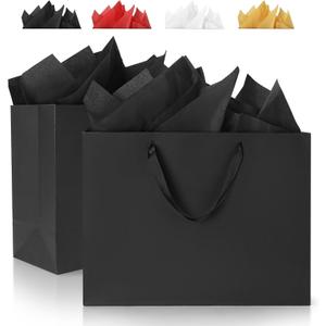 Argivean Extra Large Black Gift Bags: 2pcs 16x6x12 Inch Gift Bags With Handle For Birthday Wedding Party Business (With Black Tissue Paper)