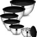 LIANYU 6 PCS Stainless Steel Mixing Bowls with Lids Set, Large Size 7, 3.5, 2.5, 2, 1.5, 1QT, Kitchen Nesting Metal Bowl Sets, Ideal for Baking Cooking Serving Food Storage, Dishwasher Safe, Black