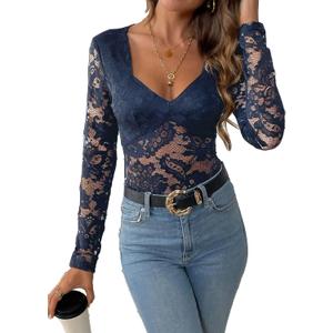SweatyRocks Women's Sheer Floral Lace V Neck Bodysuit Long Sleeve Slim Fit Jumpsuits (M)