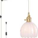 Mini Plug in Pendant Light Hanging Light Fixture Corded On/Off Switch Brass Pendant Light with White Tulip Glass Lampshade for Bedroom Living Room Kitchen Island (Plugin 1 pack)