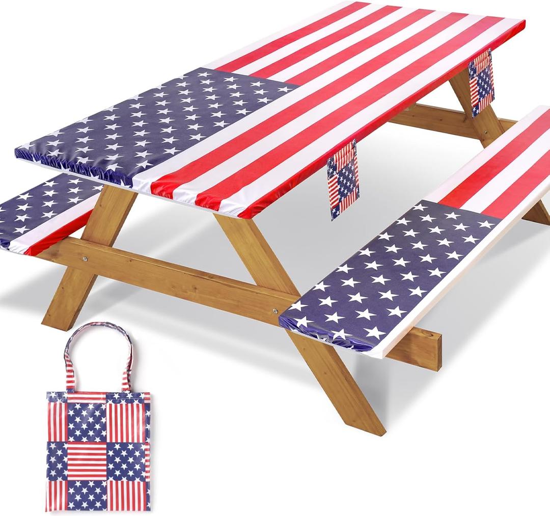 Picnic Table Cover with Bench Covers Fitted Elastic Non Slip Water Resistant Camping Tablecloths for 6 Foot Rectangular Tables Travel Trailer Gadgets Summer Garden Supplies Gifts for Couples (72*30Inch, Red Flag)