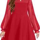 Arshiner Girls's Contrast Mesh Puff Long Sleeve Party Dress with Pockets (Red, 16)