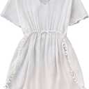 SHENHE Girl's Swimsuit Coverups Chiffon Short Sleeve Beach Dress Bathing Suit Cover Up White 13Y