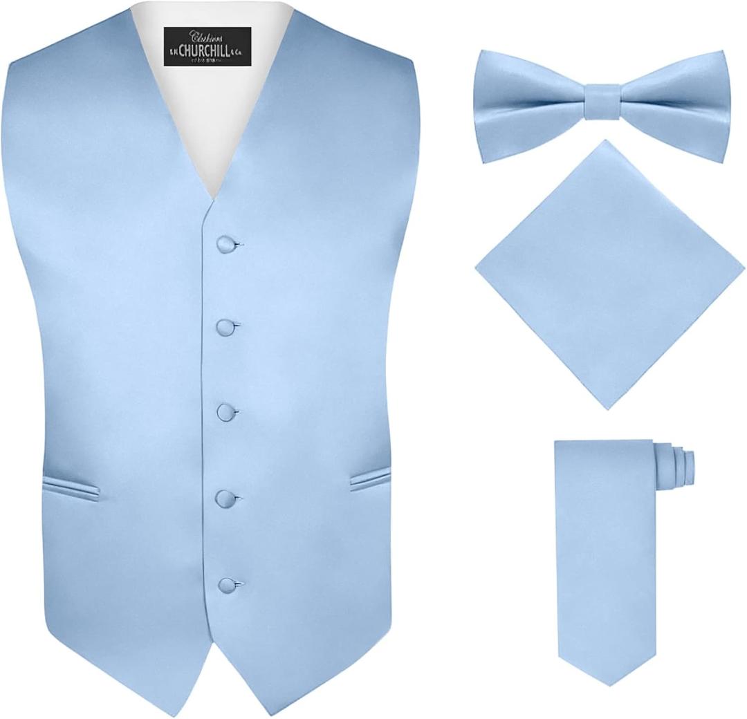 S.H. Churchill & Co. Men's 4 Piece Vest Set, with Bow Tie, Neck Tie & Pocket Hankie - Light Blue, Size M