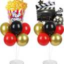 Movie Night Party Balloons Stand Kit 2 Sets with 2 Popcorn Clapboard Foil Balloons Black Red Gold Party Balloon Centerpiece for Tables for Birthday Camera Film Movie Party Decoration