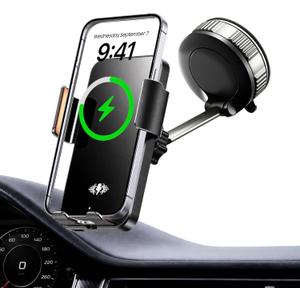 Car Phone Holder Charger, 15W Wireless Car Charger with Auto Clamp & Smart Sensor, Rotating Vacuum Suction Cup Dashboard/Windshield Phone Mount, 360 Adjustable Car Mount for iPhone, Samsung, Black