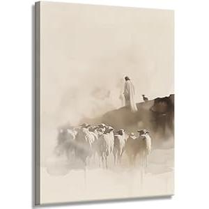 Jesus leaving 99 sheep Canvas Wall Art Jesus and Lamb Wall Decor Picture Good Shepherd Poster Print Bible Story Painting Artwork for Bedroom Home Room Decoration Prepare To Hang 16x24in