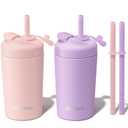 Fimibuke Kids & Toddler Cups, 10 OZ Spill Proof Straw Cups for Toddlers, 2 Pack Leak-Proof Kid Insulated Tumbler with Screw-On Lid & Silicone Straw with Stopper, Stainless Steel Sippy Cup for Girl Boy (Milky Pastel)