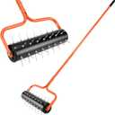 21" Rolling Lawn Aerator, 45 Preassembled Spikes, Only Needs 3-5 Minutes to Assemble, No Looseness, Good Package, 75" Long Handle with Quick Clip Connections, U-Shape Construction - Orange.