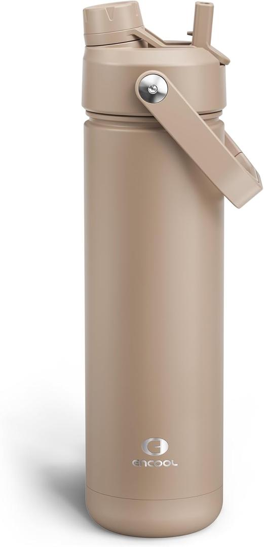 ENCOOL Insulated Water Bottle with Straw Stainless Steel Water Bottle, Leak-Proof, BPA-Free, Double Wall Vacuum Keeps Cold for 24 Hours for Sports, Travel, School (26 oz, Raw Umber)