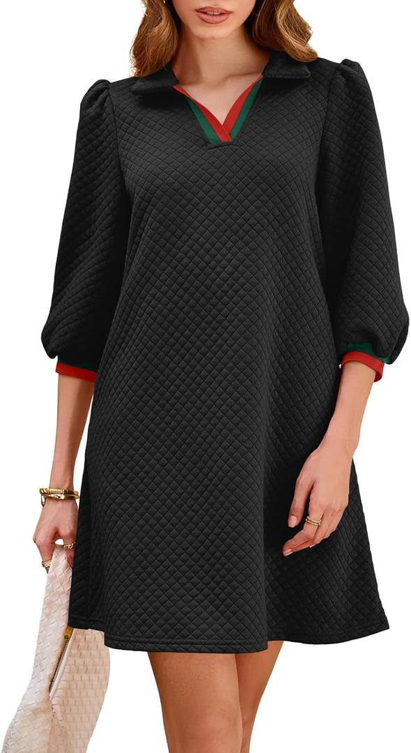 Wenrine Womens 3/4 Sleeve Mini Dress Casual V Neck Collared Textured Loose Fall A Line Argyle Dresses with Pockets (Medium)