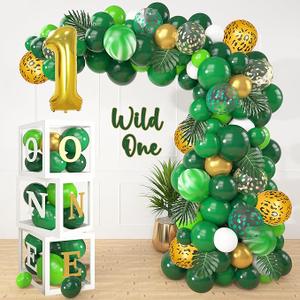 Amandir 110 PCS Wild One Birthday Decorations Balloon Boxes, Sage Green Gold Balloon Garland Arch Kit Number1 Artificial Leaves for Safari Jungle Theme First 1st Birthday Party Supplies Kids Boy Girl