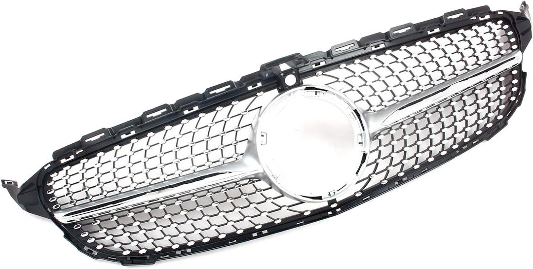 Front Grill Grille for 2015-2018 Mercedes Benz W205 C-Class C200 C250 C300 C350 C400 Silver Diamond Front Bumper Grill Direct Fit Replacement ABS Plastic No Modification Required with Camera Hole