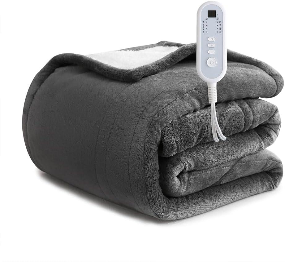 Sheet&Joy Heated Blanket Electric Grey Throw - 50"x60" Heating Blanket Throw 1/2/4/6/8 Hours Auto-Off 8 Heat Level Over-Heat Protection Flannel Sherpa Electric ETL Certification