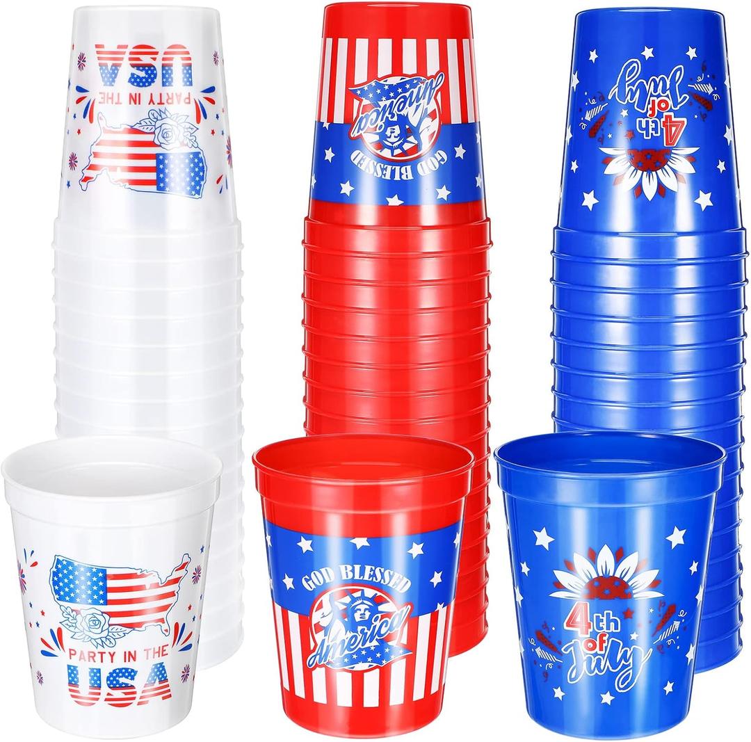 48 Pieces Patriotic Plastic Cups 4th of July Party Supplies Cups American Flag Stars Red White Blue Party Cups Independence Day Party Decoration Disposable Plastic Cups Drinkware for Labor Day (16oz)