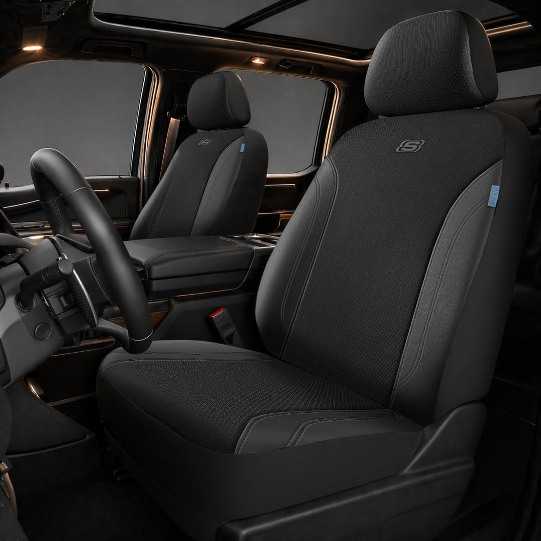 Skechers Seat Covers, Work Leather Car Seat Covers 5-Times Stronger Built-in Webbing, Oxford Fabric Front Seat Cover, Airbag Compatible, Automotive Comfort for Cars, Trucks, SUVs,Black