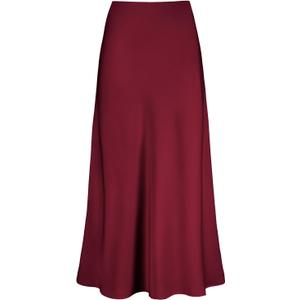 Women's Satin High Waisted Maxi Skirts Hidden Elasticized Waistband A Line Long Skirt (Wine Red)