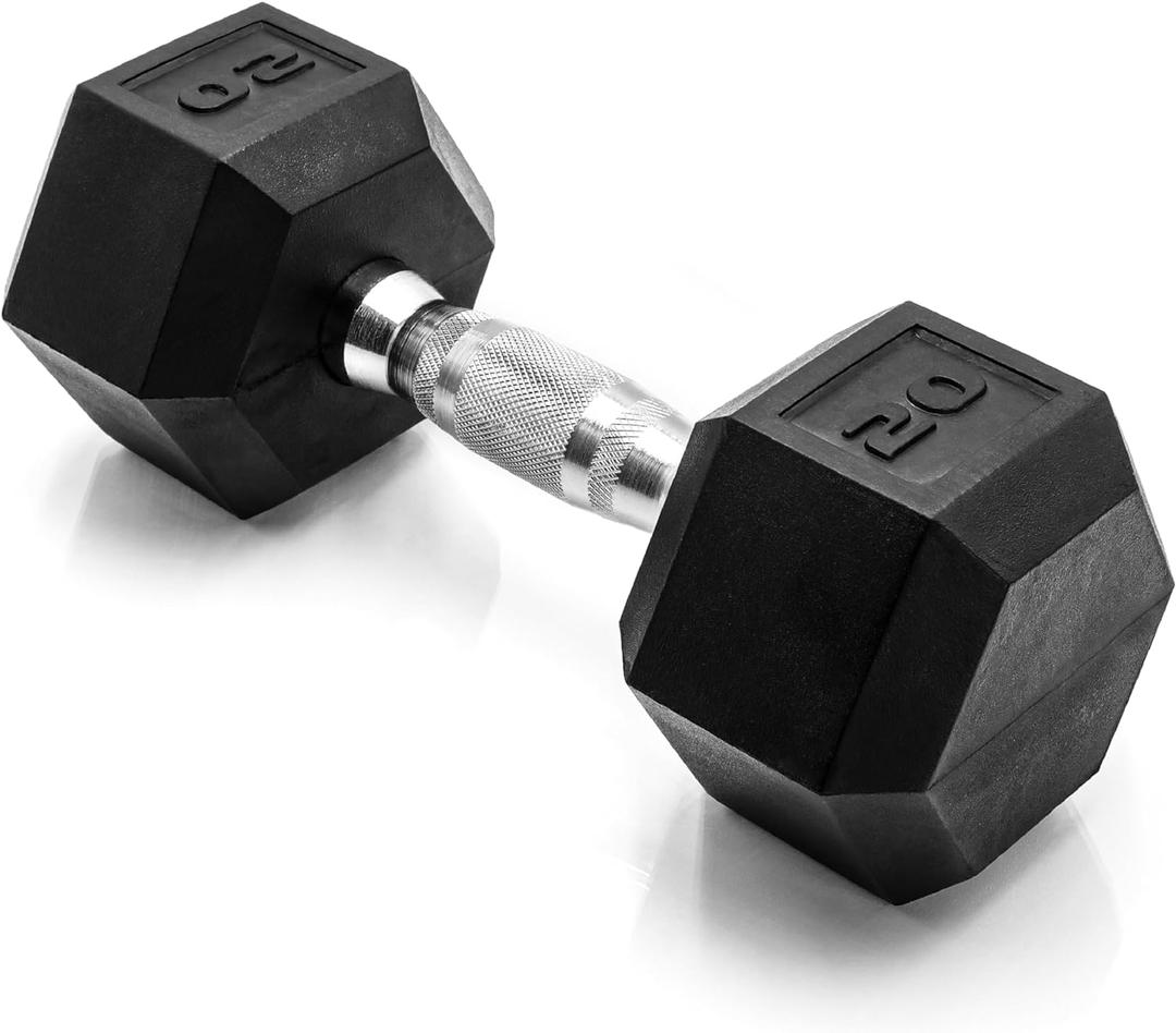 CAP Rubber Coated Dumbbell Weights, Free Weights for Home Gym Strength Training, Anti-Roll Hex Dumbbells with Black, Chrome & Comfort Grip Handles, Singles, 20LB