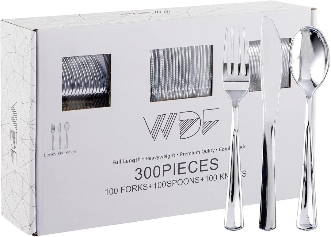 WDF 300 Pieces Silver Plastic Silverware - Plastic Silverware Heavy Duty - 100 Forks 100 Knives 100 Spoons - Disposable Silver Cutlery Perfect for Party/Wedding/Christmas