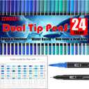 Blue Double Tip Brush Pens Art Markers,24 Colored Artist Fine Brush Pen Coloring Markers for Adult Book Drawing Art Craft Kit