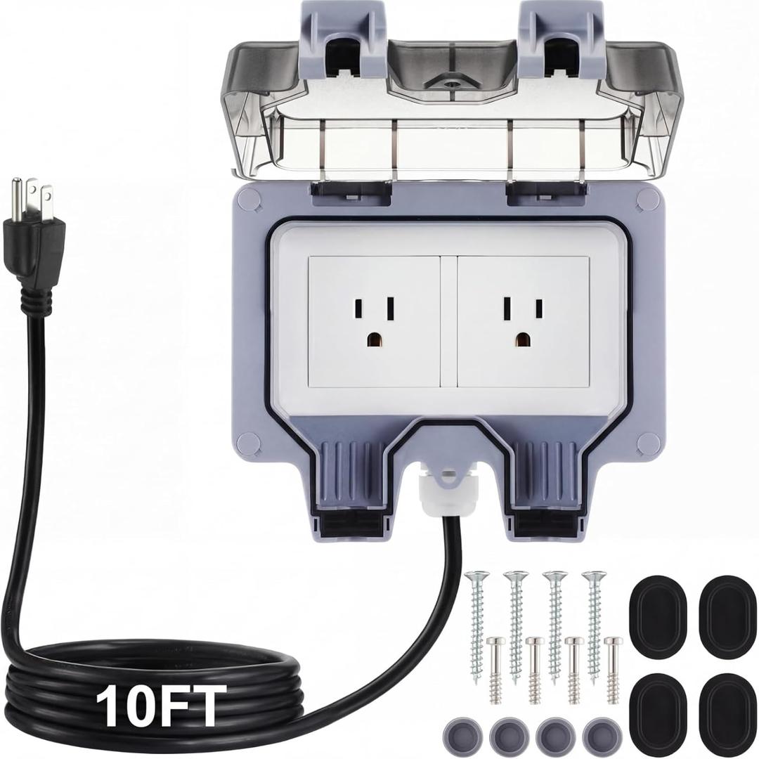 Kanayu Outdoor Outlet Box with 10ft Extension Cord, Dual 15 AMP 5-15 Receptacles Weatherproof Waterproof IP66 Outdoor Exterior Socket with Cover, 14 AWG/3C SJTW Cord