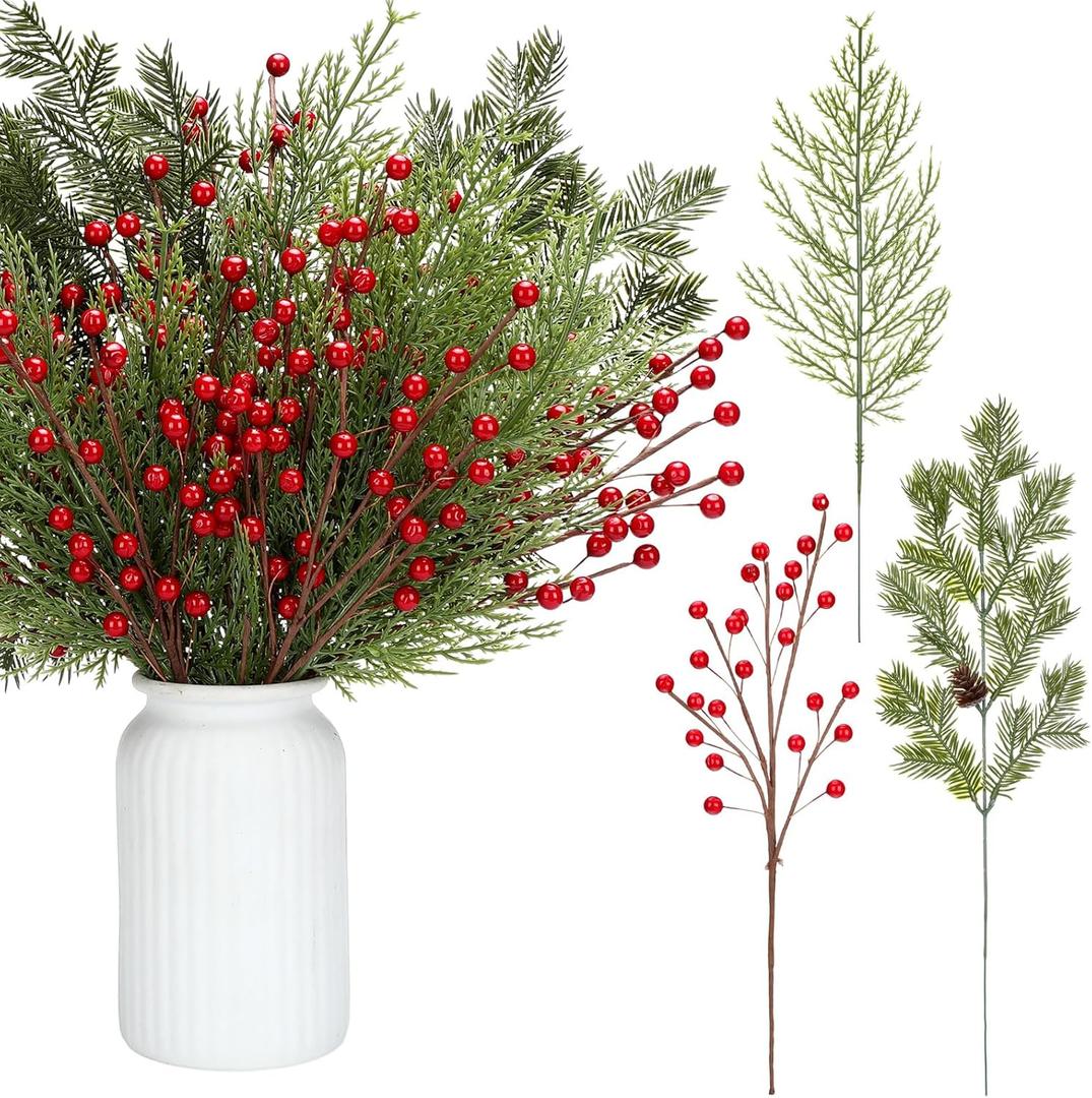 Tigeen 30 Pcs Christmas Artificial Pine Branches with Berry Stems 16 Inch Christmas Greenery Stems with Pinecones Faux Cedar Pine Needles Picks for Xmas Tree Vase Wreath Garland DIY(Red)