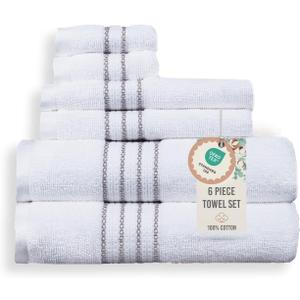 100% Cotton 520 GSM 6-Piece Bathroom Towel Set, White with Gray Stripes