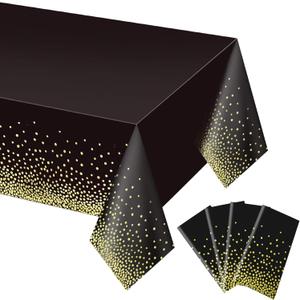 Gexolenu 4 Pack Black and Gold Plastic Tablecloth for Rectangle Tables(54" x 108"), Party Table Cover for Birthday, Table Cloths for Graduation, Retirement Party Decoration, Class of 2026
