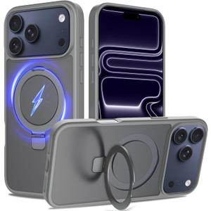 Ultra-Magnetic Stand for iPhone 17 Pro Max Case [Military Drop Protection] [Compatible with MagSafe] Shockproof Translucent Matte Slim Ring Holder Case for iPhone 17 Pro Max (Gray)