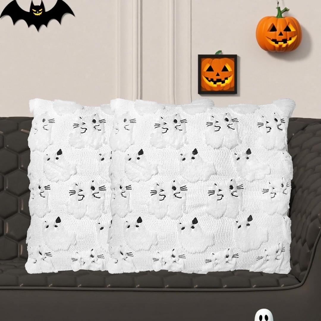 3 x Halloween Pillow Covers 18x18 inch Set of 2 White Cat Ghost Throw Pillow Cases Soft Plush Faux Fur Wool Couch Cushion Case for Home Decor Chair Sofa Bedroom Living Room (Cat Ghost)