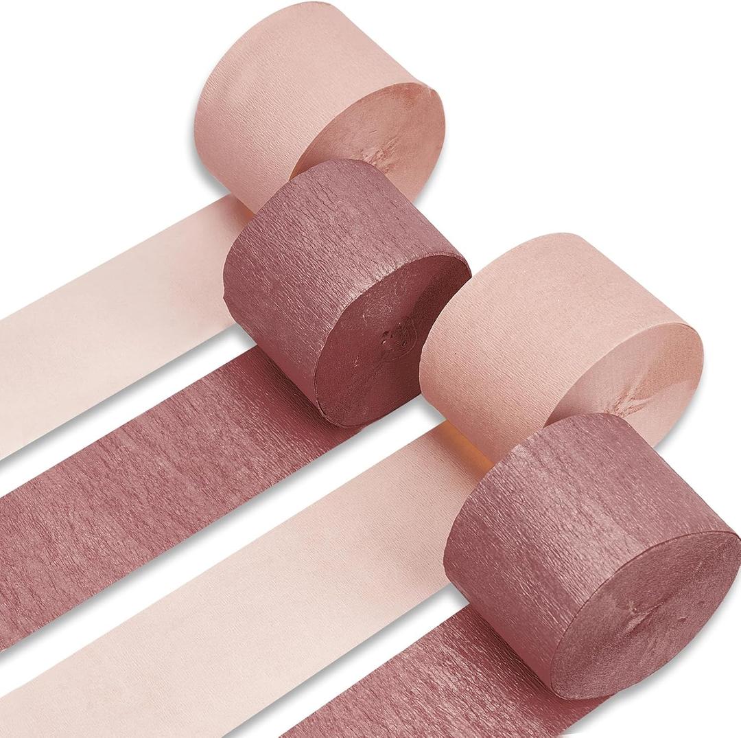 PartyWoo Crepe Paper Streamers 4 Rolls 328ft, Pack of Pink and Rose Gold Crepe Paper for Party Decorations, Wedding Decorations, Birthday Decorations, Baby Shower Decorations (1.8 Inch x 82 Ft/Roll)