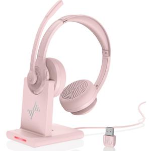 Wireless Headset with AI Noise Cancelling Microphone Bluetooth Headset - Bluetooth V5.2 Headphones with USB Dongle, Charging Base & Mic Mute for Computer/Laptop/PC/iPhone/Android/Cell Phones (Pink)