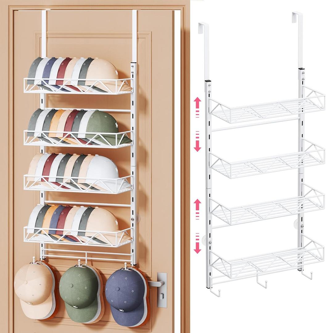 SWTYMIKI Over Door Hat Organizer - 5 Tier Wall Mounted Hat Rack with 4 Adjustable Metal Basket and 3 Hooks, Hanging Baseball Cap Organizer Storage Holds up to 49 Caps for Door, Bedroom, Closet (white)