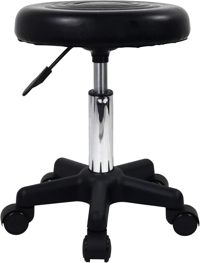 FURWOO Round Swivel Stool with Wheels PU Leather Rolling Height Adjustable Stool for Spa Salon Massage Black