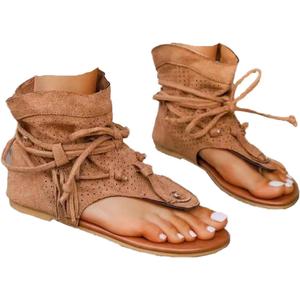 Women's Tassel Gladiator Flip Flops Sandals,Summer Retro Bohemian T-Strap Roman Open-Toe Sandals Casual Beach Flat Clip Toe Ankle Boots (8, Brown)