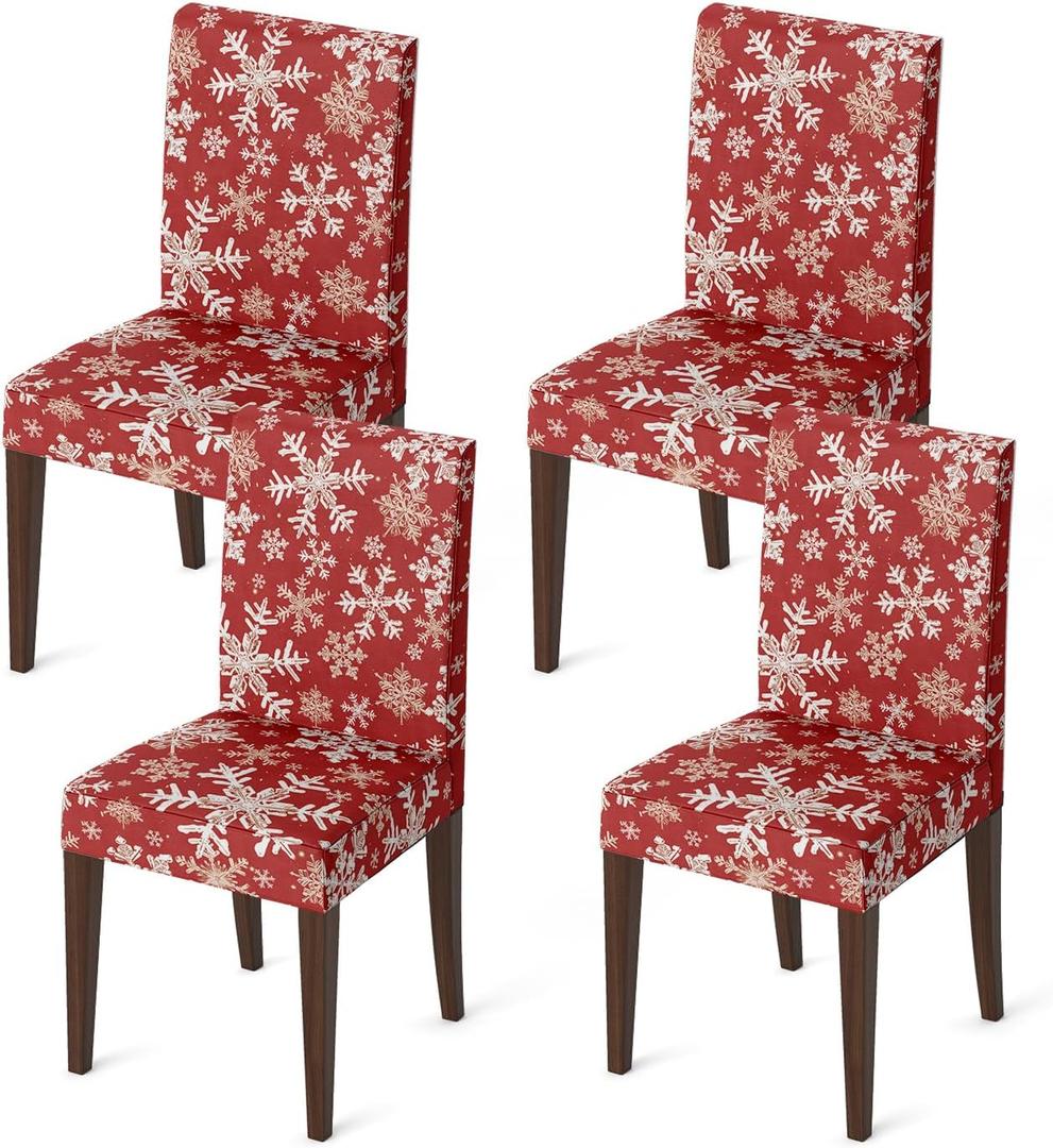 Horaldaily 4PCS Christmas Dining Red Chair Covers, Simple Snow Stick Figure Stretch Removable Washable Slipcover Chair Protector for Dining Room Home Decor