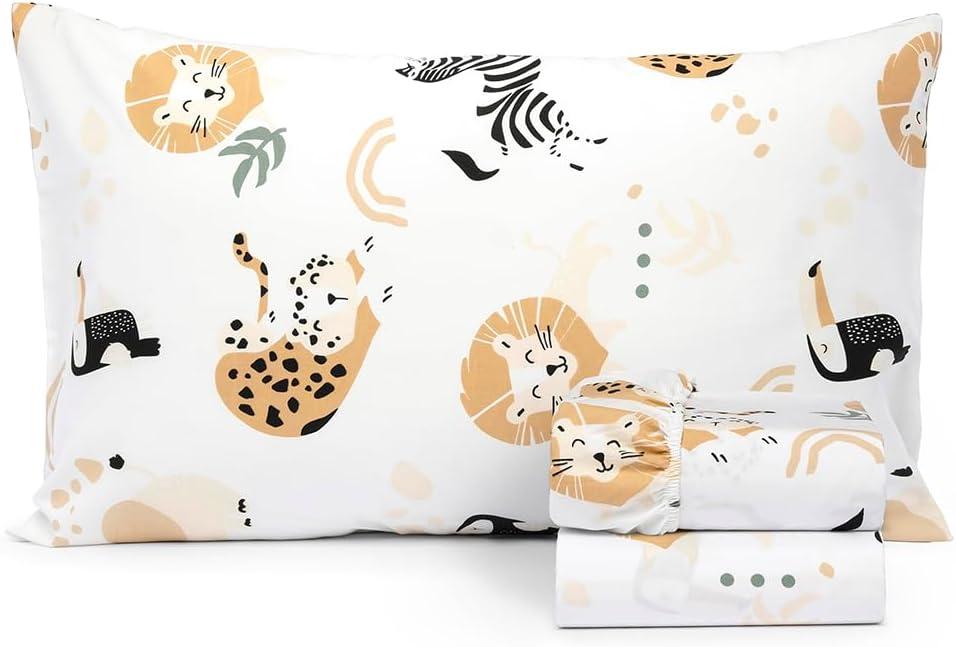 100% Cotton 210TC Salt Earth Kids Bedsheet,Twin Sheets Set for Toddler bed, 3 Piece Bedding Set Including Flat Sheet, Fitted Sheet, and Pillowcase, Themed Sheets for a Playful Kids Bed (Jungle Safari)