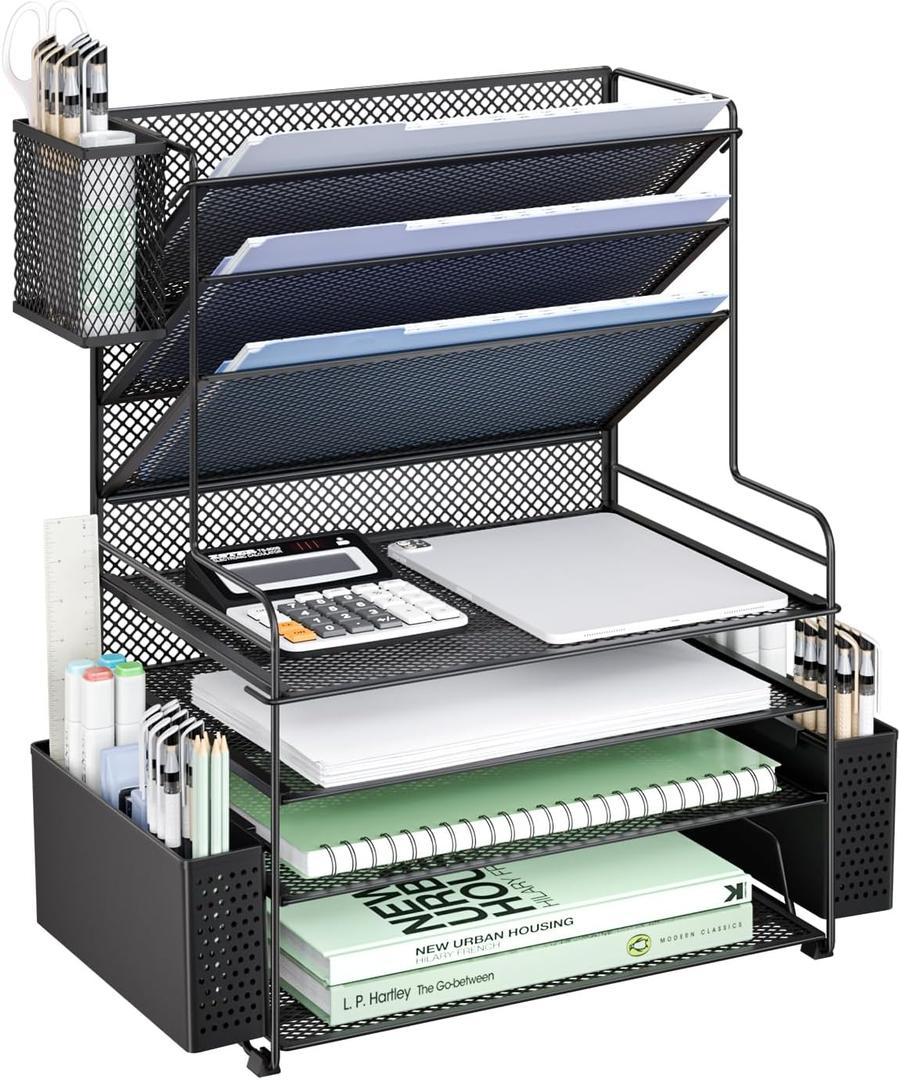 WALI Desk File Organizer, 7 Tier Desktop Paper Letter Tray Organizer with Drawer and 3 Pen Holders, Office Desk Accessories & Workspace Organizers for Office, Home, School Supplies, 1 Pack, Black