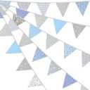 G2PLUS 39Ft Triangle Bunting Banner, 42pcs Cotton Pennant Banner, Grey Blue Reusable Floral Triangle Flags Party Decoration for Birthday, Wedding, Baby Shower, Room Decor