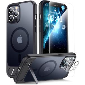 RFUNGUANGO for iPhone 12 Pro Max Magnetic Seamless Stand Case with Screen Protector*2 Lens Protector*2, Compatible with MagSafe, Military Grade Drop Protection, Adjustable Kickstand, Slim MatteBlack