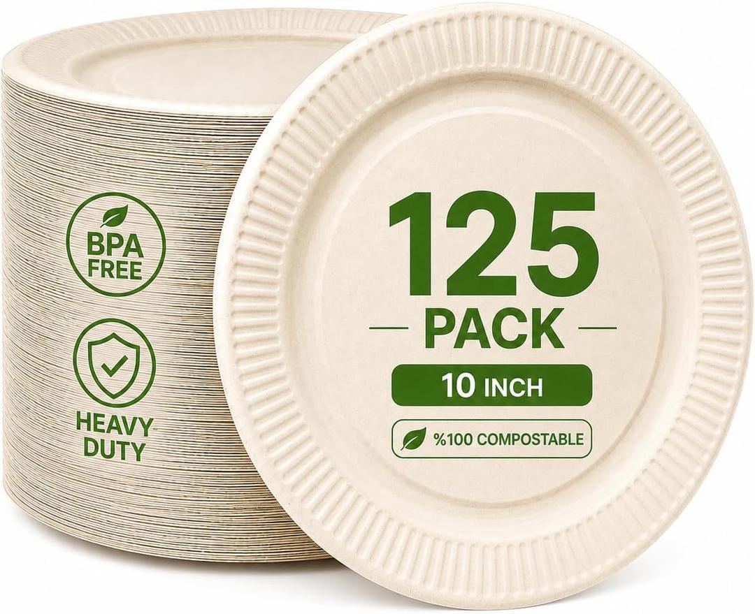Compostable Sugarcane Plates 10 Inch, 125 Pack Heavy Duty, Leak & Oil Proof, Microwave Safe Bagasse Dinner Plates for Eco-Conscious Hosts | Outdoor BBQ, Wedding, Baby Shower, Camping, Catering