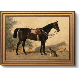 Gold Framed Wall Art Vintage Horse and Dog Canvas Art Farmhouse Animals Picture Wall Decor Antique Prints Rustic Paintings Country Artwork for Bedroom Bathroom Living Room 12x16 Inch