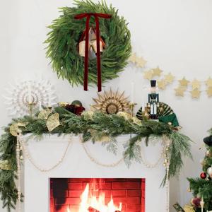 Christmas Norfolk Pine Wreath 20 Inch Artificial Real Touch Norfolk Wreath Winter Farmhouse Greenery Decoration with Ribbon Bow for Front Door Xmas Indoor Outdoor Home Decoration(Red) 