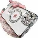 Magnetic Glitter Diamond for iPhone 14 Pro Max Case[Compatible with MagSafe]Sparkle Rhinestone Camera Lens Protector Plated,Crtstal Clear Slim Military Drop Shockproof Cover for Women,Silver